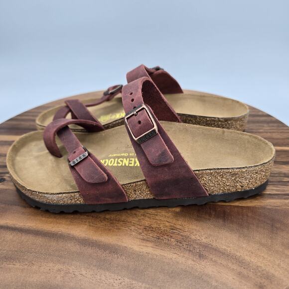 Birkenstock Mayari Sandals Womens 5 36 Red Brown Waxy Leather Shoes Toe Loop - Picture 3 of 8